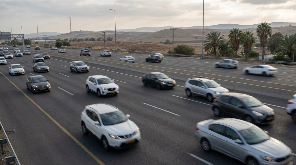 צילום בסגנון עיתונאי של תנועה יומיומית בכביש ישראלי, רכבים פרטיים בתנועה, אור יום טבעי ורך, טון תיעודי רגוע, ללא מיקוד באנשים, ללא מיתוג.