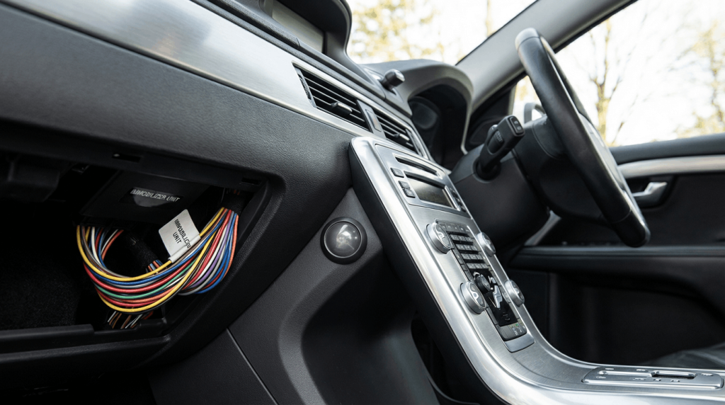 תקריב של רכיבי מיגון לרכב כגון חיווט אימובילייזר, מערכת קודן וחיישני אזעקה בתוך רכב מודרני. פרטים טכניים נקיים, תאורה טבעית. דגש על הגנה, טכנולוגיה ואמינות. צילום עריכתי איכותי, מציאותי ומדויק.