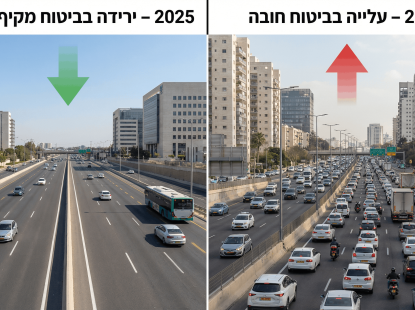 צילום ריאליסטי מפוצל, ללא עיצוב מגזיני וללא מסגרות. בצד שמאל כיתוב בעברית: "2025 – ירידה בביטוח מקיף (-11%)" ומוצג כביש מהיר בישראל עם תנועה דלילה. בצד ימין כיתוב בעברית: "2026 – עלייה בביטוח חובה" ומוצג כביש עירוני בישראל עם תנועה כבדה. חצים קטנים ועדינים בלבד, תאורה טבעית, רקע עירוני מודרני וניטרלי, ללא מבנים דתיים, ללא טקסט באנגלית.